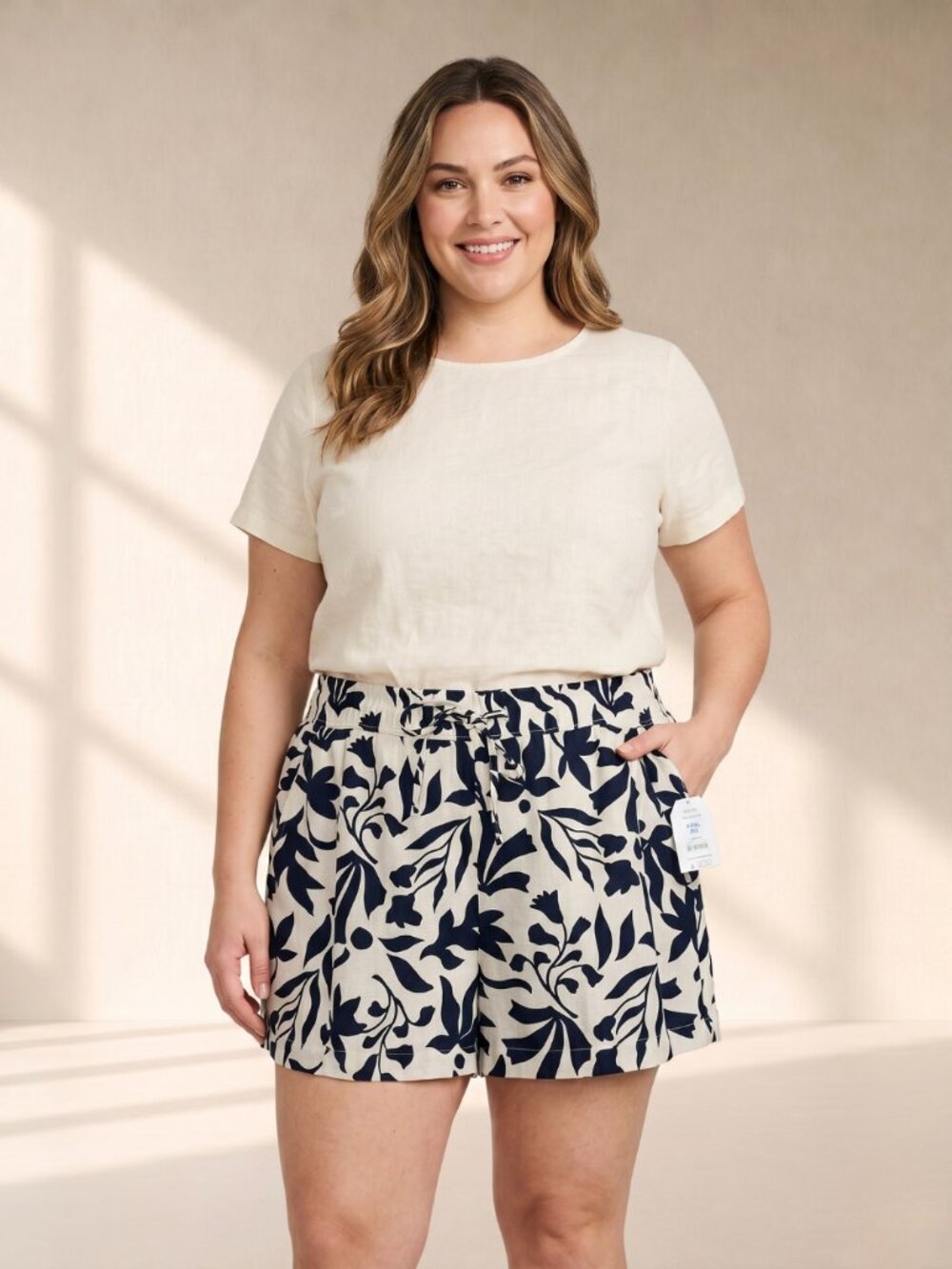 NWT Time and Tru Plus Size 22 Linen Blend Shorts Dark Navy Botanical